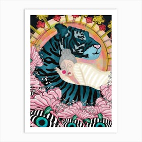 A woman sleeping on a tiger, surrounded of flowers and stars Art Print