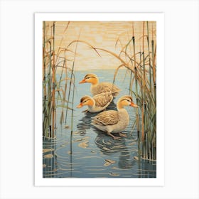 Ducklings With The Pond Weed Japanese Woodblock Style 1 Art Print