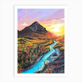 Sunset In The Mountains with river Art Print