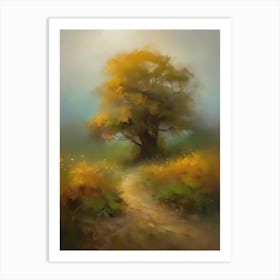 Oak tree, fine work of art, misty atmosphere, green meadow..11 Art Print