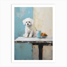 Bichon Frise Dog, Painting In Light Teal And Brown 2 Art Print