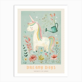 Cute Unicorn In The Garden With A Watering Can Poster Art Print