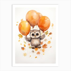 Owl Flying With Autumn Fall Pumpkins And Balloons Watercolour Nursery 3 Art Print