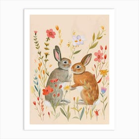 Folksy Floral Animal Drawing Rabbit 1 Art Print