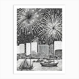 Fireworks Over Yokohama Bay Ukiyo-E Style Art Print