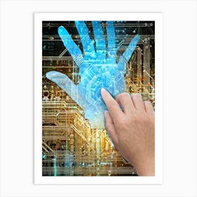 Cyber Abstract Digital Painting Of A Human Hand And A Robotic Hand Almost Touching Against A Backdro Art Print