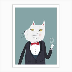 Cat in Tuxedo with Glass of Bubbly. Cheers! Art Print