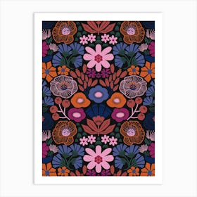 Modern Botanical Folk Art Damask Pink, Magenta, Blue, Green, Purple, Orange Art Print