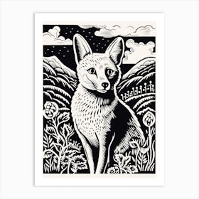 Fox In The Forest Linocut White Illustration 2 Art Print