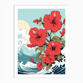 Great Wave With Hibiscus Flower Drawing In The Style Of Ukiyo E 3 Art Print