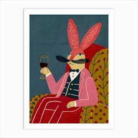 Hare Rabbit with A Glass of Wine Sitting on Couch Art Print