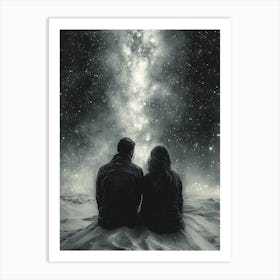 Stargazing Couple, Romantic Monochrome Charcoal style Poster