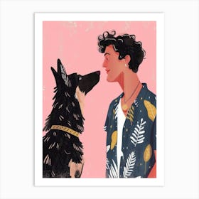 Illustration Of A Man And His Dog 1 Art Print