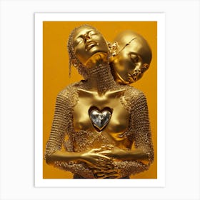 GOLDEN EMBRACE DIGITAL ART PRINT OF FIGURES WITH A HEART AND CHAIN-LINK DETAILS Art Print