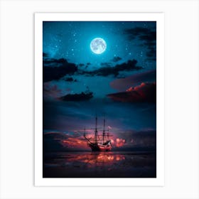 Sparrow Ship Boat And Full Moon Art Print