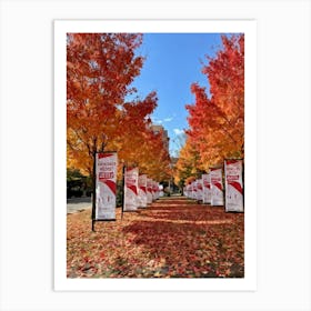 An Autumnal Scene Rich In Fall Foliage Utilizing A Vibrant Red And Orange Color Palette Showcasin Art Print