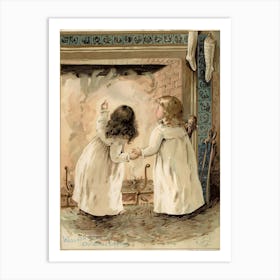 Two Little Girls At The Fireplace Art Print