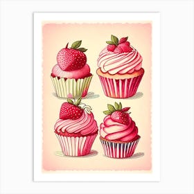 Strawberry Cupcakes, Dessert, Food Vintage Sketch Art Print