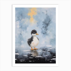 Black & White Duckling Walking On The Ice 1 Art Print