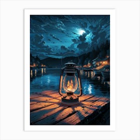 Anime Canvas Art: Serene Lakeside Lantern at Twilight, Warm Glowing Flame on Rustic Dock, Dramatic Cloudy Sky and Peaceful Village Reflection, Perfect for Cozy Lofi Vibes and Nature Lovers. Art Print