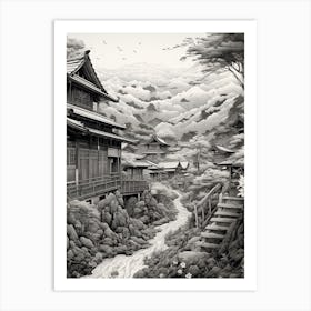 Shirakawa Go In Gifu, Ukiyo E Black And White Line Art Drawing 1 Art Print
