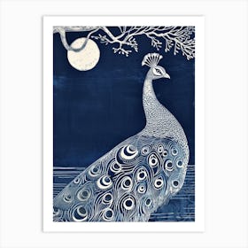 Peacock With The Moon Linocut Inspired Art Print