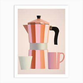 Italian Coffee Maker And Mugs Illustration Pink Background Art Print