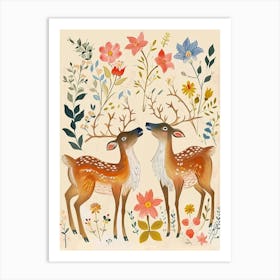 Folksy Floral Animal Drawing Caribou 2 Art Print