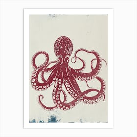 Hand Printed Style Red & Navy Octopus 4 Art Print