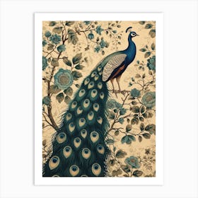Vintage Peacock In A Tree Floral Wallpaper 3 Art Print