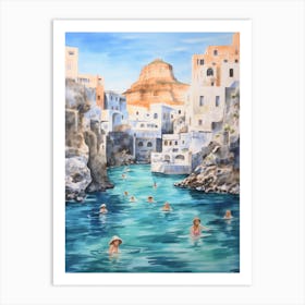 Swimming In Santorini Greece 2 Watercolour Art Print