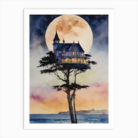 Treehouse ~ Witches Watercolor Mansion Full Moon Witchy Spiritual Pagan Artwork, By The Sea, Manifesting Fairytale Art Print