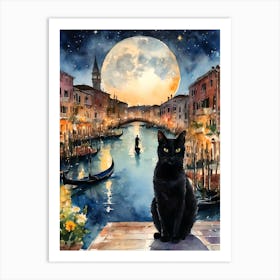 Black Cat in Venice - Iconic Blue Canals and Gondolas on a Full Moon Dreamy Cityscape  Traditional Watercolor Art Print Kitty Travels Home and Room Wall Art Cool Decor Klimt and Matisse Inspired Modern Awesome Cool Unique Pagan Witchy Witches Familiar Gift For Cat Lady Animal Lovers World Travelling Genuine Works by British Watercolour Artist Lyra O'Brien   Art Print