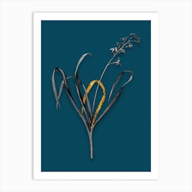 Vintage Dutch Hyacinth Black and White Gold Leaf Floral Art on Teal Blue n.0673 Art Print