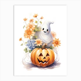 Cute Ghost With Pumpkins Halloween Watercolour 92 Art Print