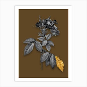 Vintage Boursault Rose Black and White Gold Leaf Floral Art on Coffee Brown n.0338 Art Print