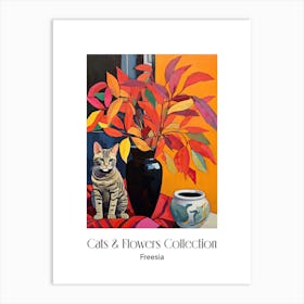 Cats & Flowers Collection Freesia Flower Vase And A Cat, A Painting In The Style Of Matisse 0 Art Print