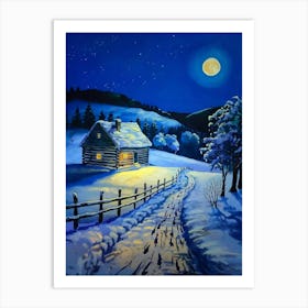 Winter Night At The Cabin Art Print