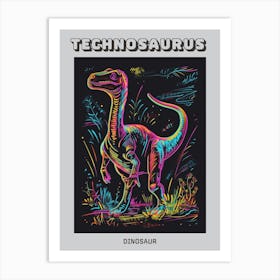 Neon Rainbow Dinosaur Line Illustration With Black Background 2 Poster Art Print