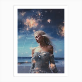 Woman on the beach surrounded by cosmic stardust 4 Art Print