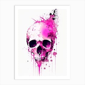 Skull With Watercolor Or Splatter Effects 2 Pink Line Drawing Art Print