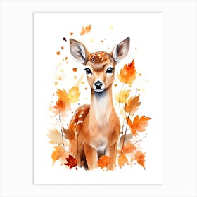 A Deer Watercolour In Autumn Colours 0 Art Print