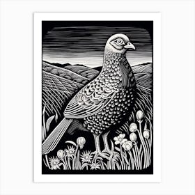 B&W Bird Linocut Grouse 3 Art Print