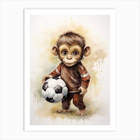 Monkey Painting Playing Soccer Watercolour 3 Art Print