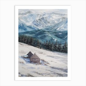 Landscape Watercolor Winter In The Capethians Mountain Art Print