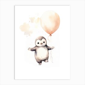 Baby Penguin Flying With Ballons, Watercolour Nursery Art 4 Art Print
