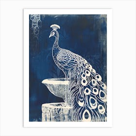 Navy Blue Linocut Inspired Peacock In A Fountain 2 Art Print
