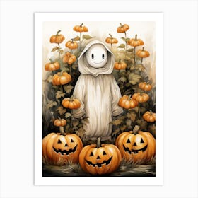 Cute Bedsheet Ghost, Botanical Halloween Watercolour 105 Art Print