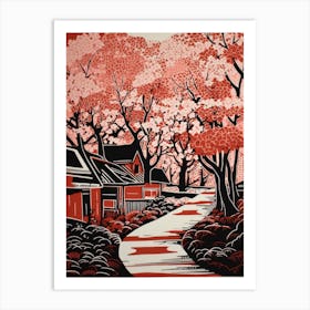 Kyoto Cherry Season Japan Linocut Illustration Style 4 Art Print