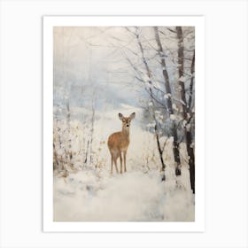 Vintage Winter Animal Painting Fawn Art Print
